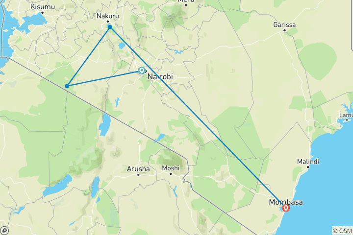 Mapa de Aventura de 10 días en un safari por Kenia y una tranquila escapada a la playa de Mombasa