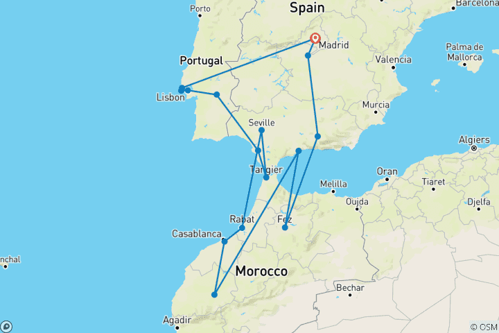 Carte du circuit Espagne, Maroc et Portugal (fin à Madrid 2025, 15 jours)