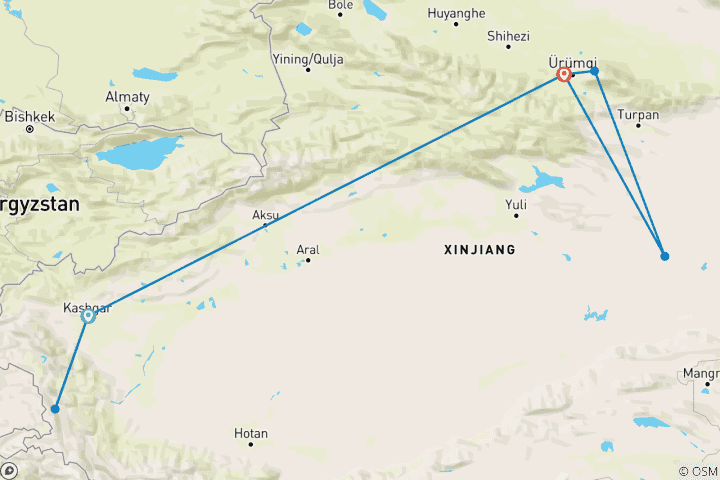 Map of 7 Days South Xinjiang Tour