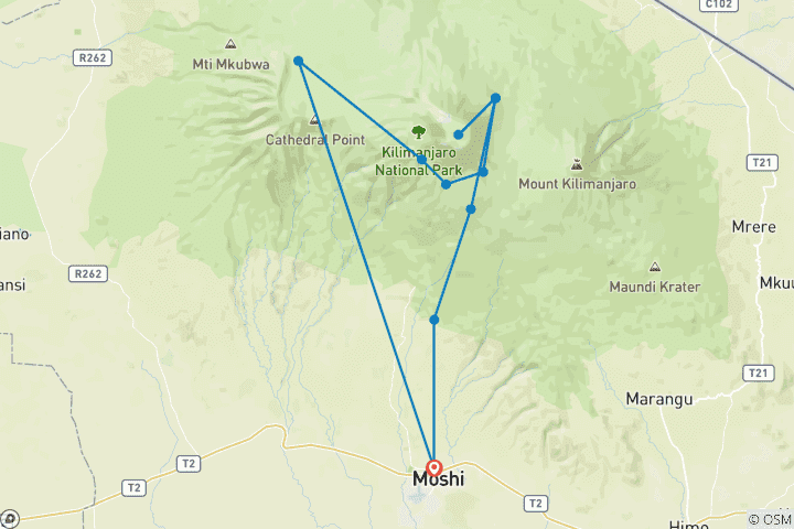 Karte von Kilimandscharo Besteigung über die Lemosho Route 8 Tage