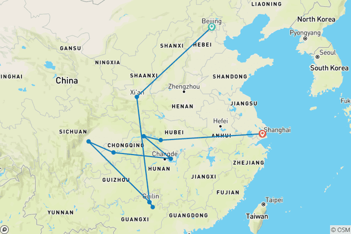 Kaart van 15-daagse klassieke vakantie in China: Luxe kleine groep & hotels, acrobatische en dansshow