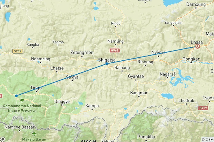 Carte du circuit 8 jours d'excursion classique au Tibet, de Lhassa au camp de base de l'Everest