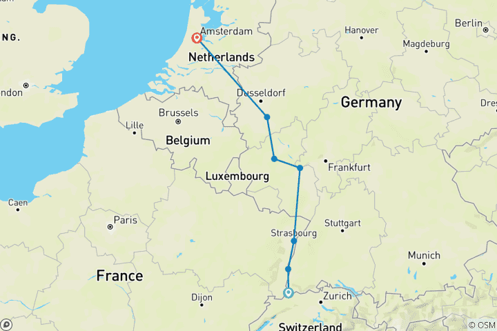 Map of Rhine & Moselle Christmas Markets Basel → Amsterdam  (2025)