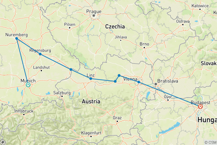 Karte von Neujahr auf der Donau von München nach Budapest