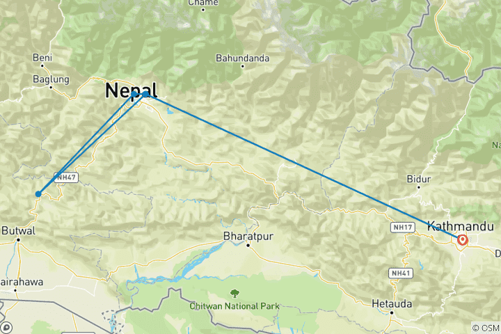 Kaart van Tansen –Palpa, een oudagenheuvelstation met Pokhara Rondreis door vanuit Kathmandu