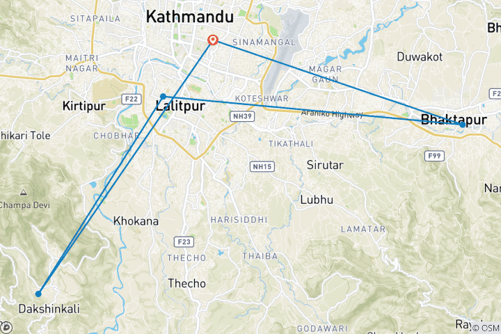 Map of 3 Days Kathmandu Valley heritage sites KORA Tour