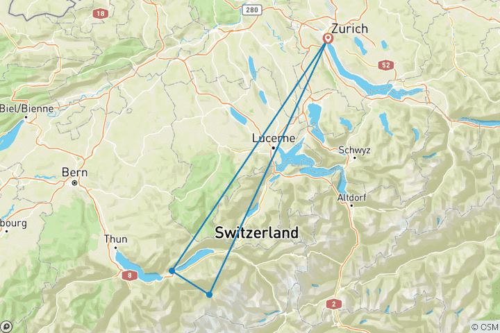 Carte du circuit 5 jours à Zurich avec bac sur le lac, téléphérique, Mont Rigi, Grindelwald et Interlaken