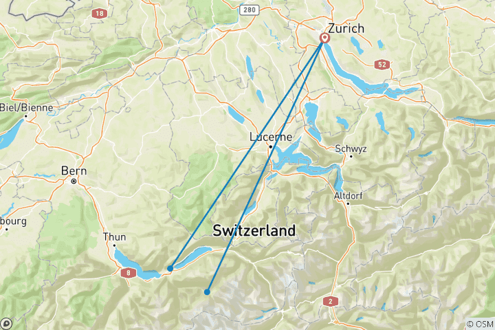 Carte du circuit 5 jours à Zurich avec bac sur le lac, téléphérique, Mont Rigi, Grindelwald et Interlaken