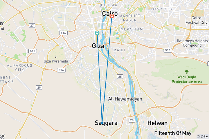 Carte du circuit Les incontournables du Caire : Fabuleuse visite guidée de 3 jours avec promenade en felouque et spectacle de lumière à Gizeh
