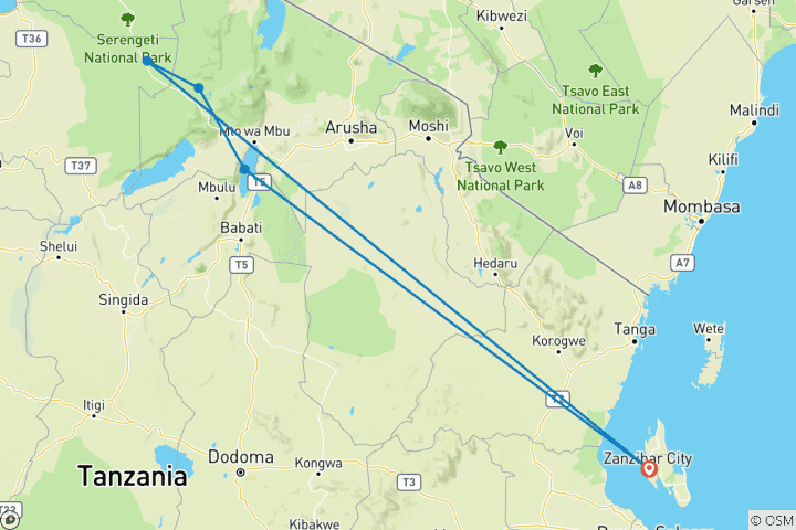 Map of 5-Day Serengeti, Ngorongoro Crater & Lake Manyara by Air