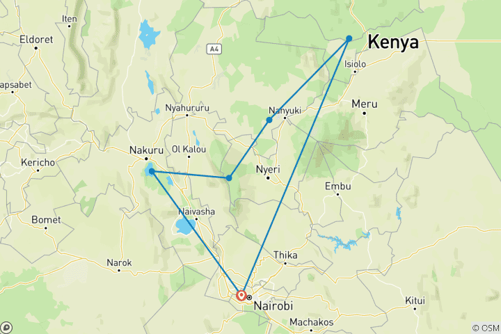 Map of 7 Days Shaba, Samburu, Ol Pejeta, Aberdares & Lake Nakuru National park