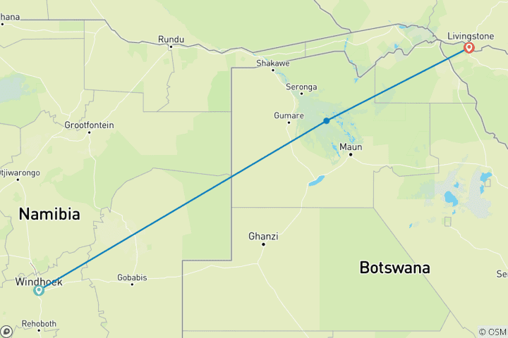 Karte von Ultimatives Namibia, Okavango Delta & Victoriafälle