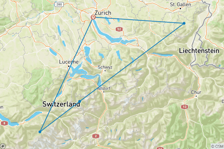 Karte von Rustikale Schweiz mit Zürich, Appenzell, Engelberg & Grindelwald 9 Tage