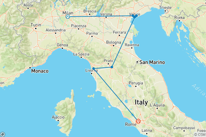 Carte du circuit Italie en train au départ de Milan, Venise, Mestre, Florence et Rome - 9 jours