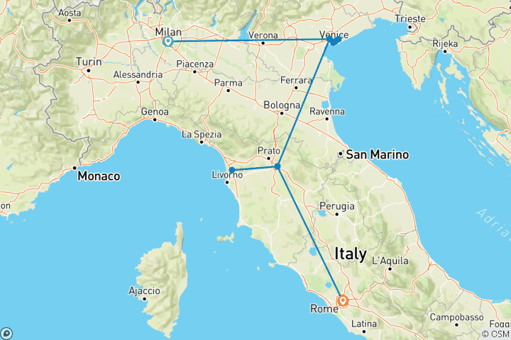 Kaart van 9 dagen Italië met de trein van Milaan, Venetië Mestre, Florence naar Rome