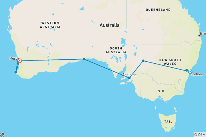 Map of Indian Pacific Train with Sydney & Perth