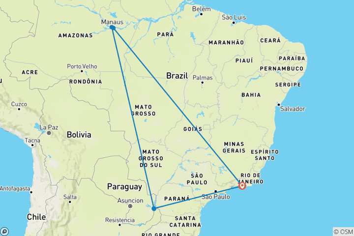 Carte du circuit Trilogie exotique : Rio, chutes d'Iguazu et Amazonie (vols intérieurs inclus)