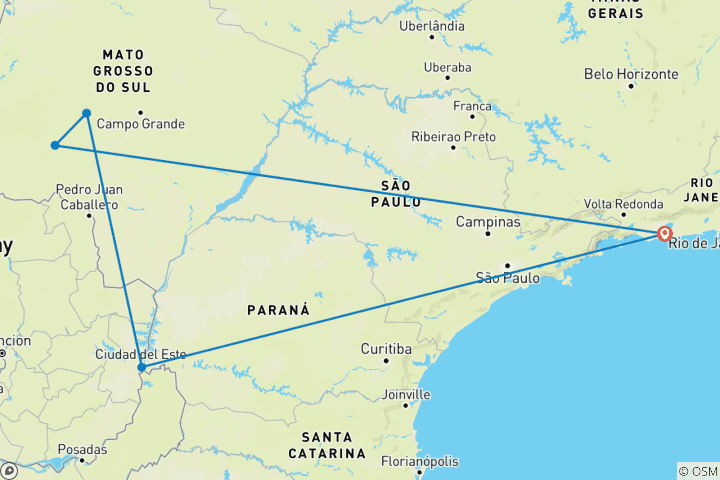 Kaart van Braziliaanse natuur- en wildlife tour (incl. binnenlandse vluchten)