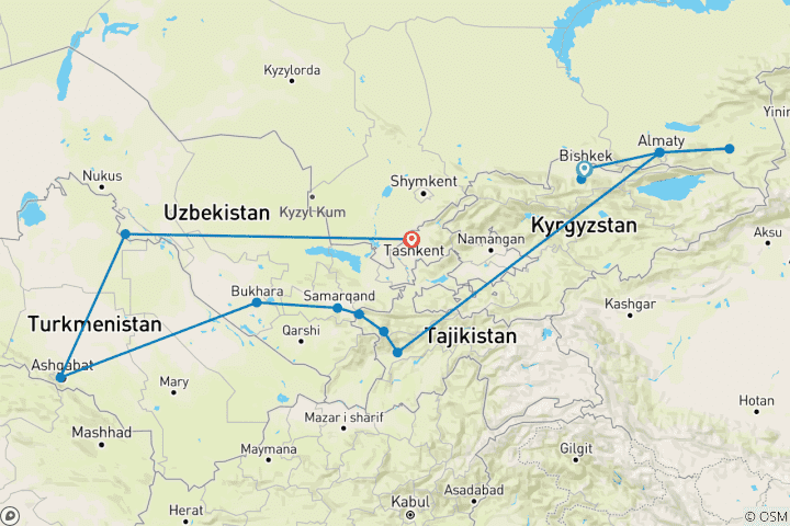 Map of Silk Road Odyssey: “15-Day Five Stans Tour”