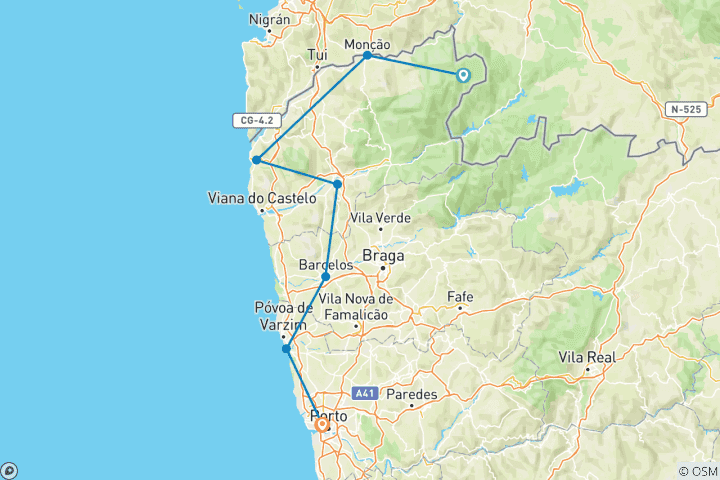 Mapa de Ruta autoguiada en bicicleta por el Miño y Oporto