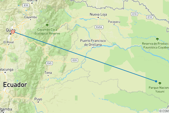 Carte du circuit 7 jours d'aventure en kayak avec la tribu Waorani