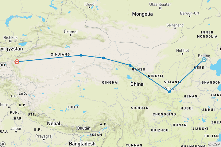 Carte du circuit 16 jours en Chine : embarquez sur la route intemporelle de la soie (guide et chauffeur privés）