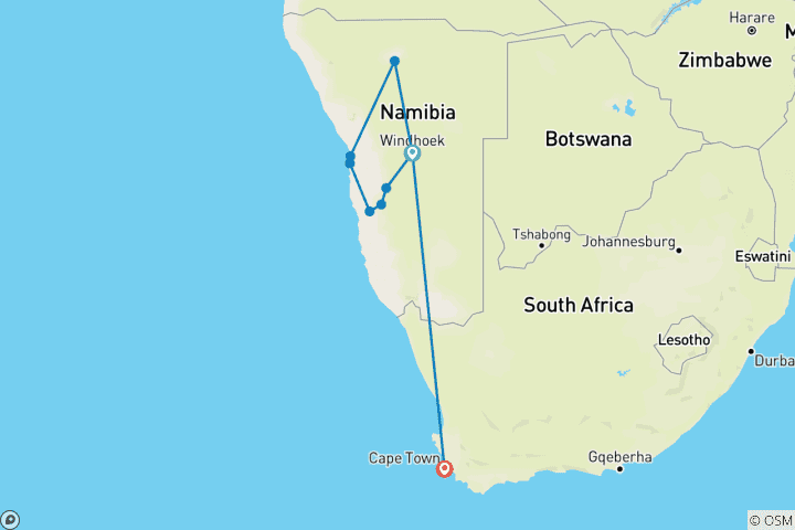 Map of Namibia & Cape Town: Glamping Adventure Meets City Break