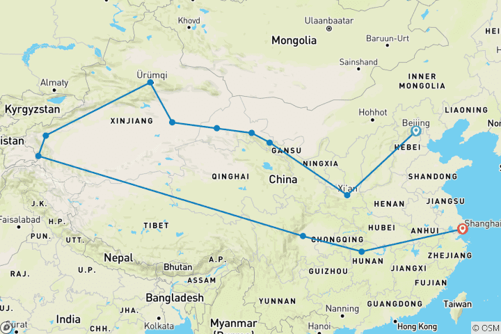 Mapa de Circuito de 21 Días por China a través de las Maravillas Clásicas y Antiguas de la Ruta de la Seda (guía y conductor privados）