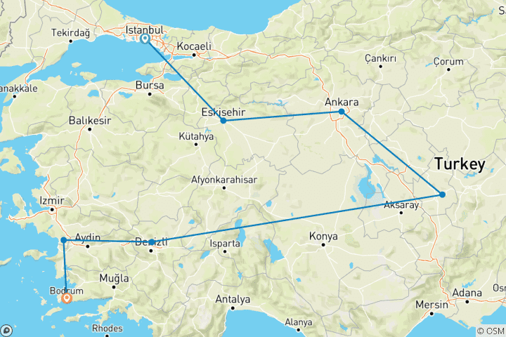 Karte von Sinnliche Türkei mit Bodrum mit dem Zug - 11 Tage