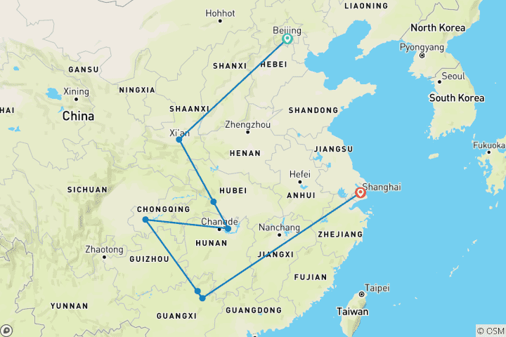 Carte du circuit 15 jours en Chine - Les merveilles de l'amont du Yangtze : Émerveillement devant la beauté des paysages (guide privé et chauffeur）