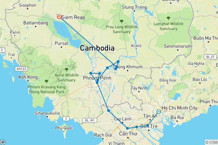 Karte von Spirituelles Kambodscha und der Mekong Ho Chi Minh Stadt → Siem Reap (2025)