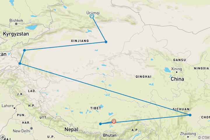 Karte von China - Xinjiang & Tibet (mit privatem Reiseführer & Fahrer) 14 Tage