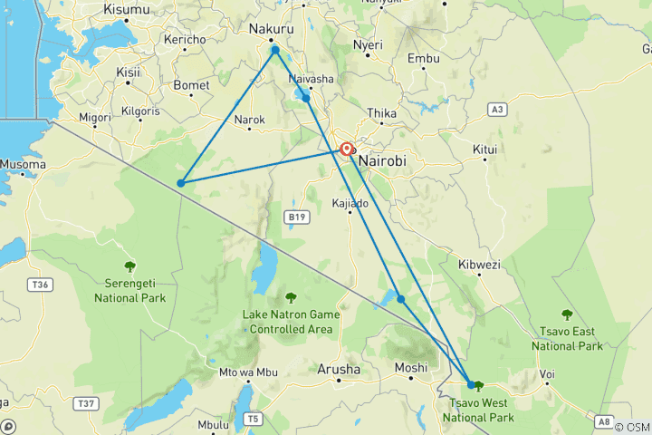 Mapa de Asequible Safari de Aventura de Lujo Económico de 7 Días en Kenia - (Con un Guía Experto en Fauna Salvaje Gratuito)