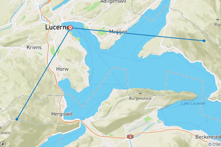 Carte du circuit 5 jours à Lucerne, y compris les montagnes Rigi, la croisière panoramique, le musée des transports et le mont Pilatus