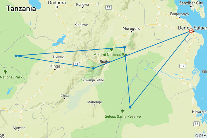 Kaart van 14 dagen safari naar Selous –Wami Mbiki –Mikumi –Ruaha & Udzungwa bergen