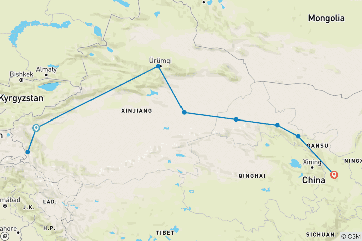 Map of Silk Road Tour from Kashgar to Lanzhou 12 Days