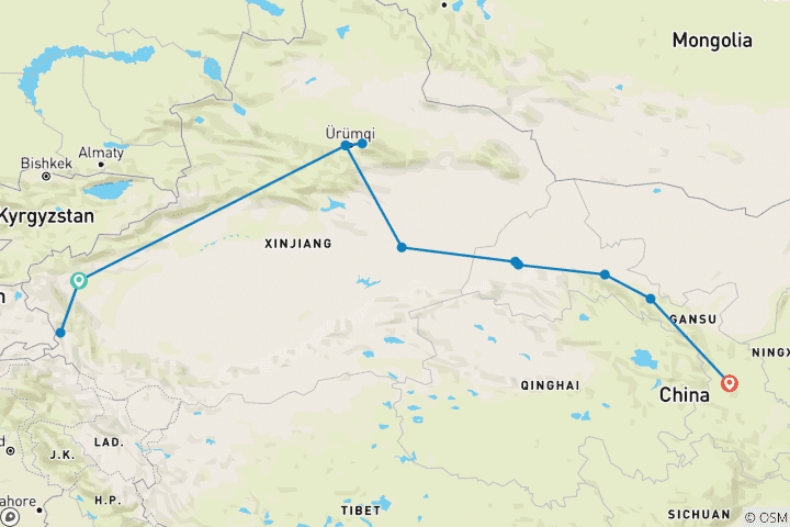 Kaart van Zijderoute Rondreis door van Kashgar naar Lanzhou 12 dagen