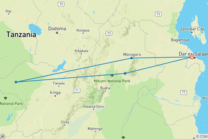 Map of 7 Day Safari Mikumi, Ruaha & Morogoro