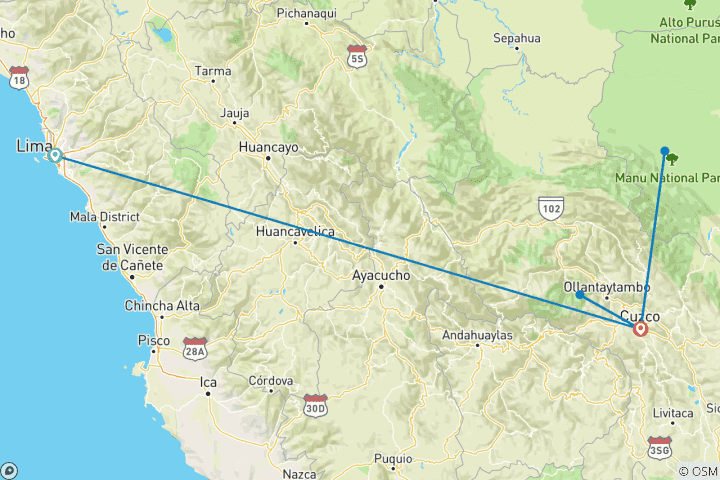 Carte du circuit 9 jours des ruines incas à la forêt tropicale