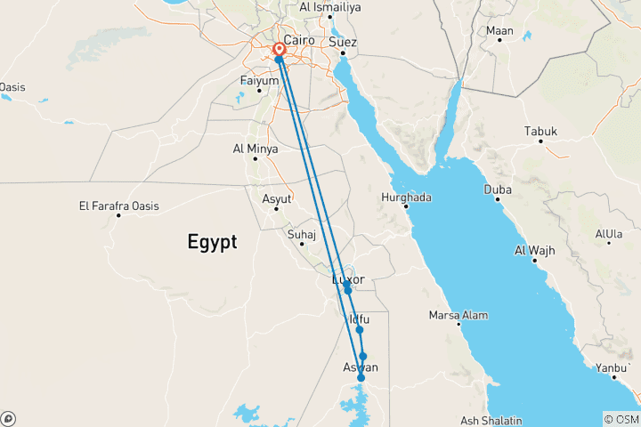 Map of 5 Days Egypt- Cairo pyramids and 4 Days Nile Cruise Aswan to Luxor by vip train