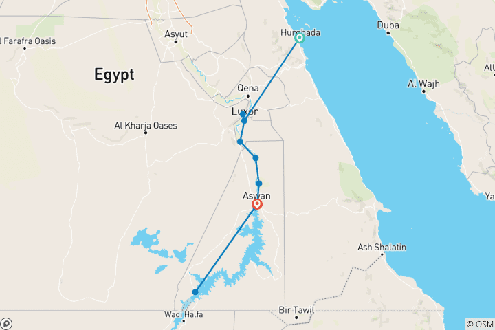 Carte du circuit Croisière majestueuse de 4 jours sur le Nil : Louxor à Assouan avec montgolfière et Abou Simbel au départ d'Hurghada