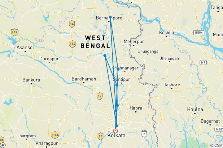 Carte du circuit Kolkata et croisière sur le bas Gange Aller-retour à Kolkata (2025)