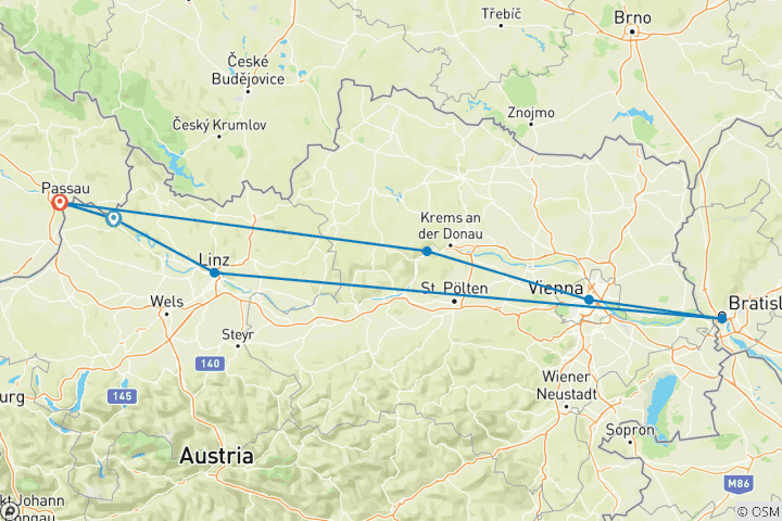 Karte von Donau Kurz-Kreuzfahrt Städte & Natur 2024 (von Engelhartszell bis Passau)