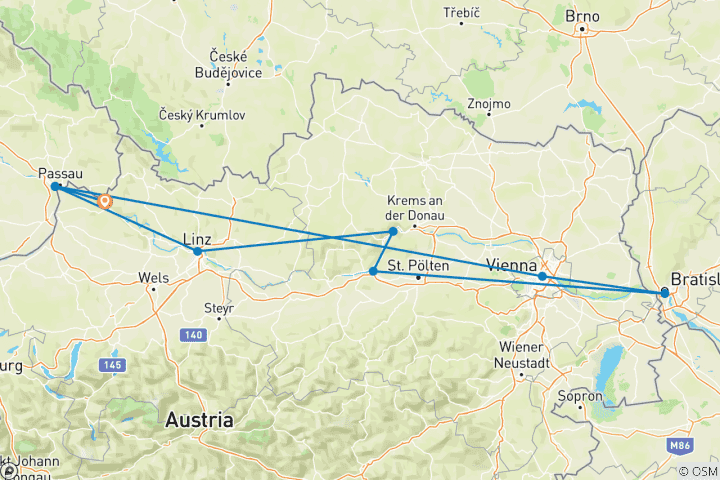 Carte du circuit Magie de l'Avent du Danube 2024 (9 destinations)