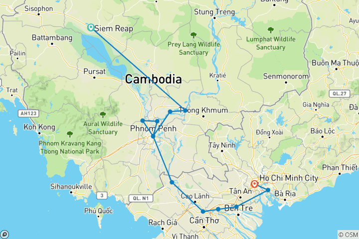 Karte von Vietnam und Kambodscha von Siem Reap nach Ho Chi Minh Stadt