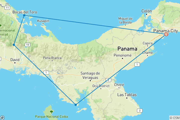 Carte du circuit Circuit privé de 12 jours vers le canal de Panama et les îles Bocas del Toro, départ quotidien