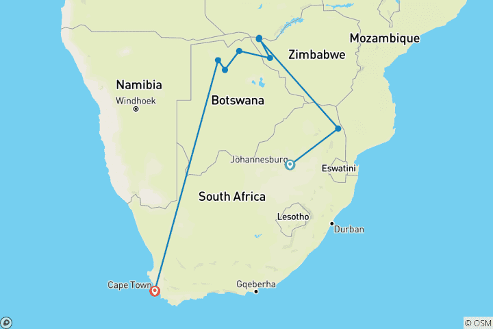 Carte du circuit 14 jours - Circuit Kruger, Vic Falls, Chobe, Delta de l'Okavango et Le Cap