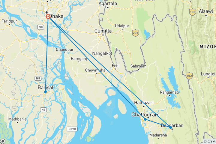 Mapa de 10 Días de Viaje Privado de Fotografía por Bangladesh, Guía y Conductor Exclusivos