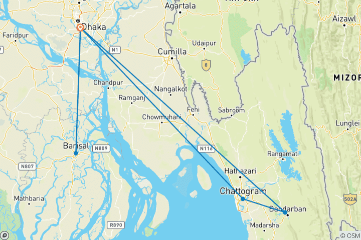 Karte von 10 Tage private Bangladesch Fotoreise, exklusiver Reiseführer und Fahrer