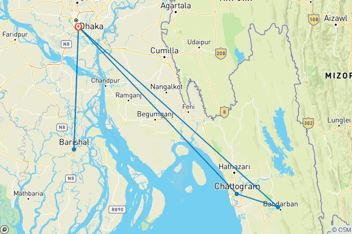 Mapa de Viaje Fotográfico Privado de 10 Días por Bangladesh a Medida, Guía y Conductor Exclusivos